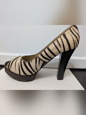 Vintage Y2K Michael Antonio Zebra Calf Hair Chunky Wood Platform Heels Size 7.5